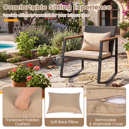 3-Piece Outdoor Rocking Bistro Set with Soft Cushions & Tempered Glass Table-Brown & Black Patio Furniture Sets at Gallery Canada