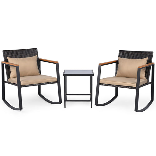 3-Piece Outdoor Rocking Bistro Set with Soft Cushions & Tempered Glass Table, Brown