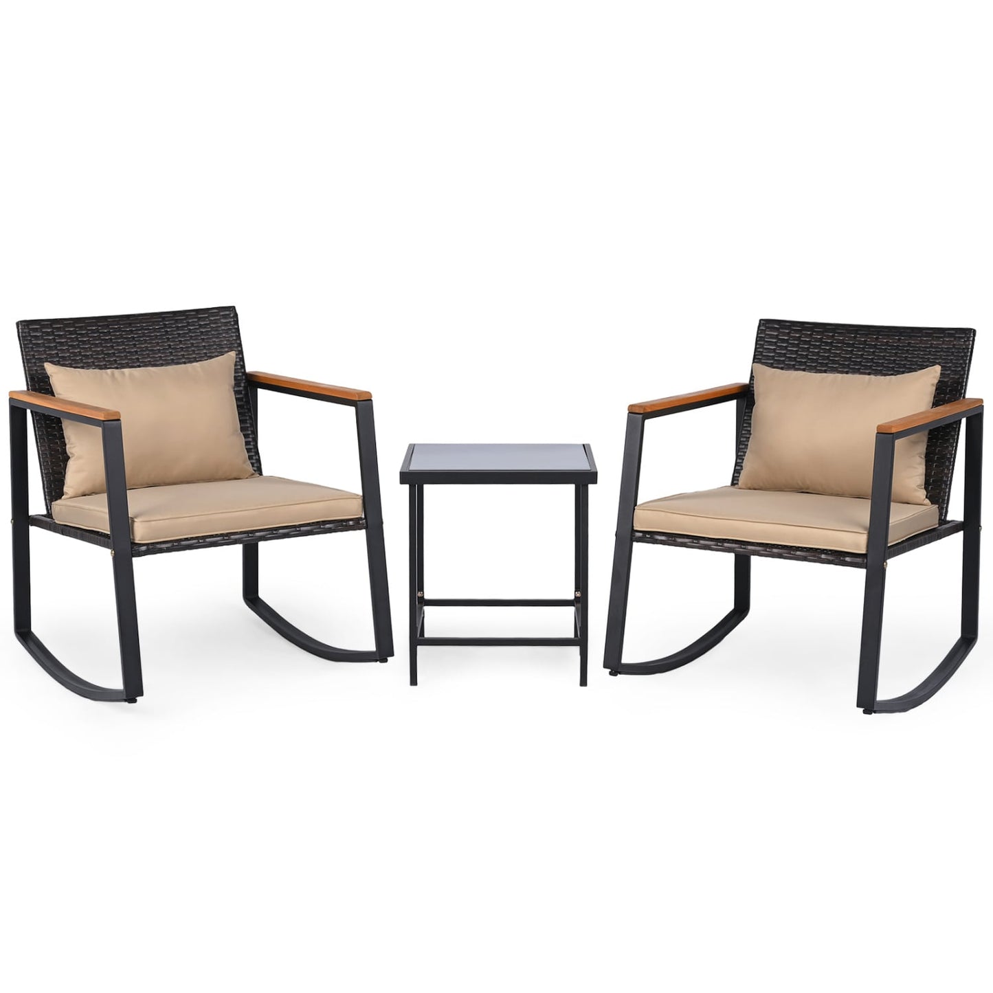 3-Piece Outdoor Rocking Bistro Set with Soft Cushions & Tempered Glass Table, Brown Patio Furniture Sets at Gallery Canada