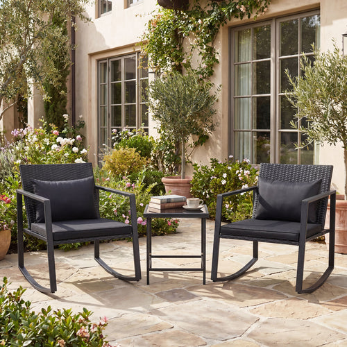 3-Piece Outdoor Rocking Bistro Set with Soft Cushions & Tempered Glass Table-Dark, Black