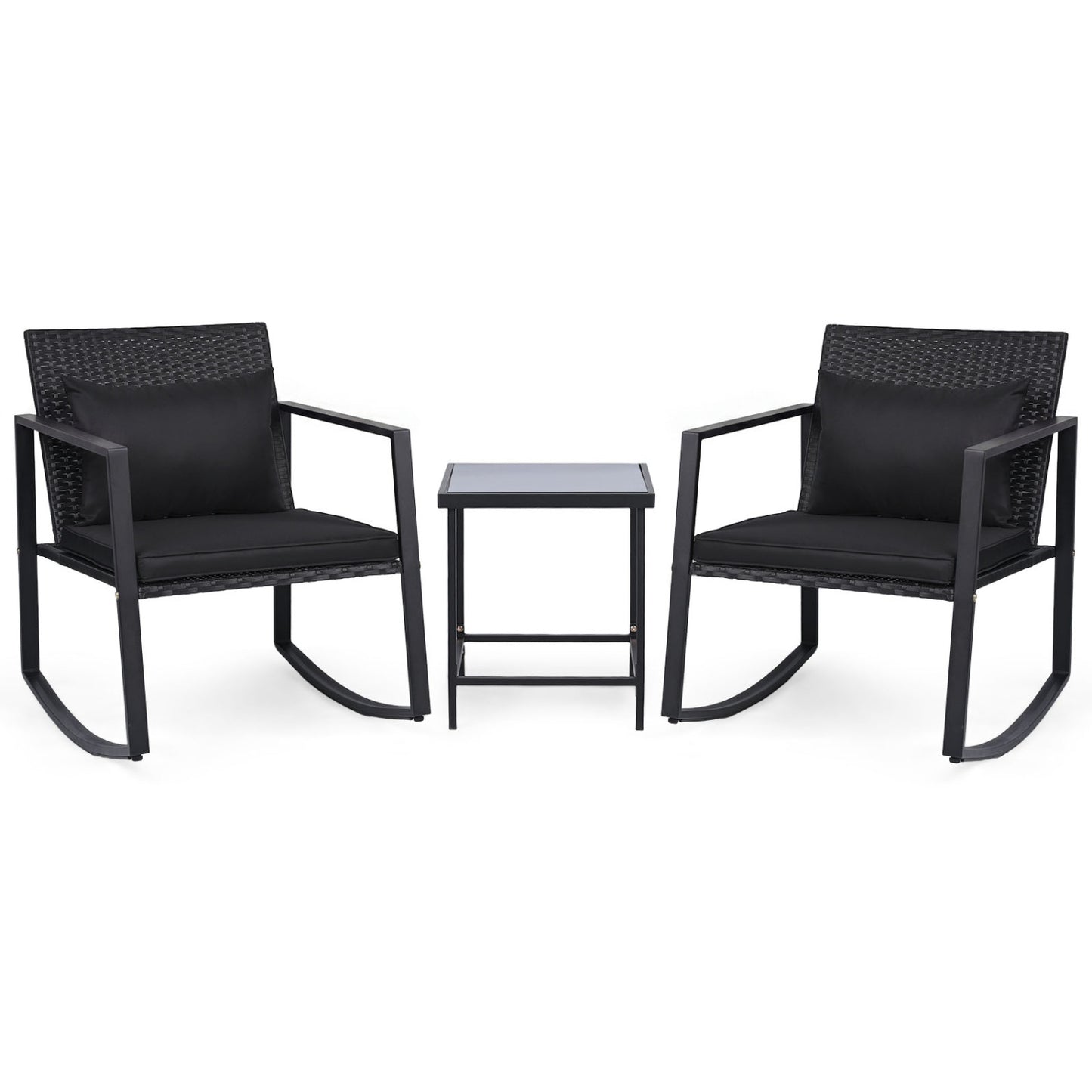 3-Piece Outdoor Rocking Bistro Set with Soft Cushions & Tempered Glass Table-Dark, Black Patio Furniture Sets Black at Gallery Canada