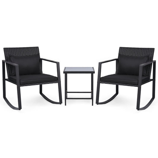 3-Piece Outdoor Rocking Bistro Set with Soft Cushions & Tempered Glass Table-Dark, Black Patio Furniture Sets Black at Gallery Canada