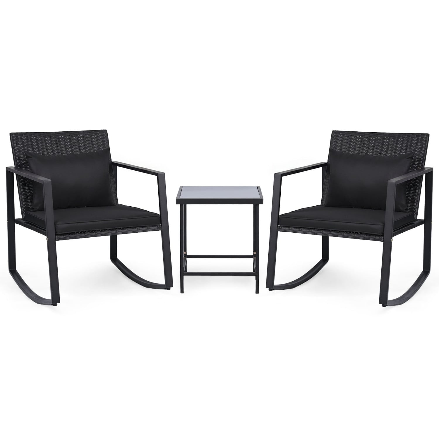 3-Piece Outdoor Rocking Bistro Set with Soft Cushions & Tempered Glass Table-Dark, Black Patio Furniture Sets Black at Gallery Canada