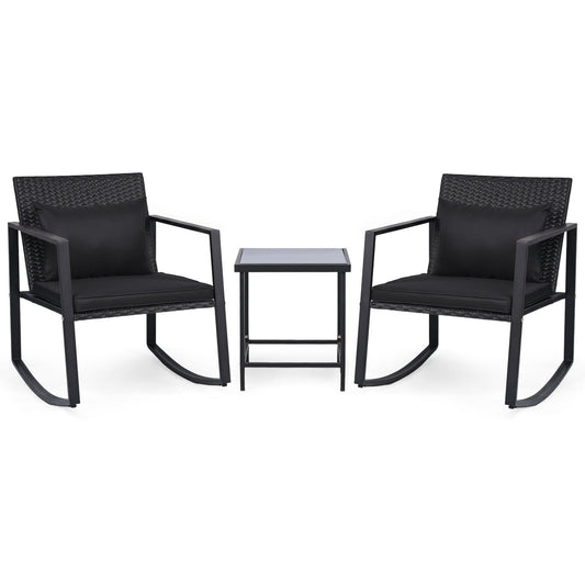3-Piece Outdoor Rocking Bistro Set with Soft Cushions & Tempered Glass Table-Dark, Black Patio Furniture Sets Black at Gallery Canada