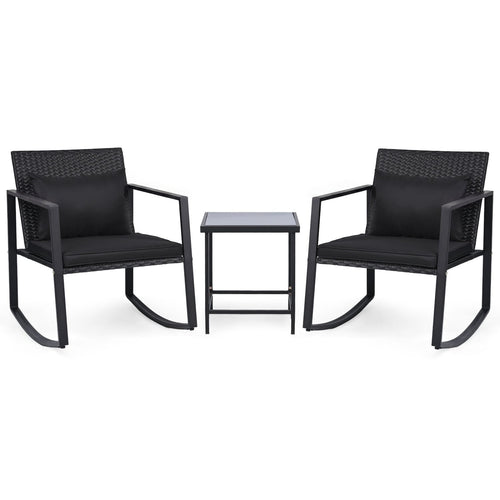 3-Piece Outdoor Rocking Bistro Set with Soft Cushions & Tempered Glass Table-Dark, Black