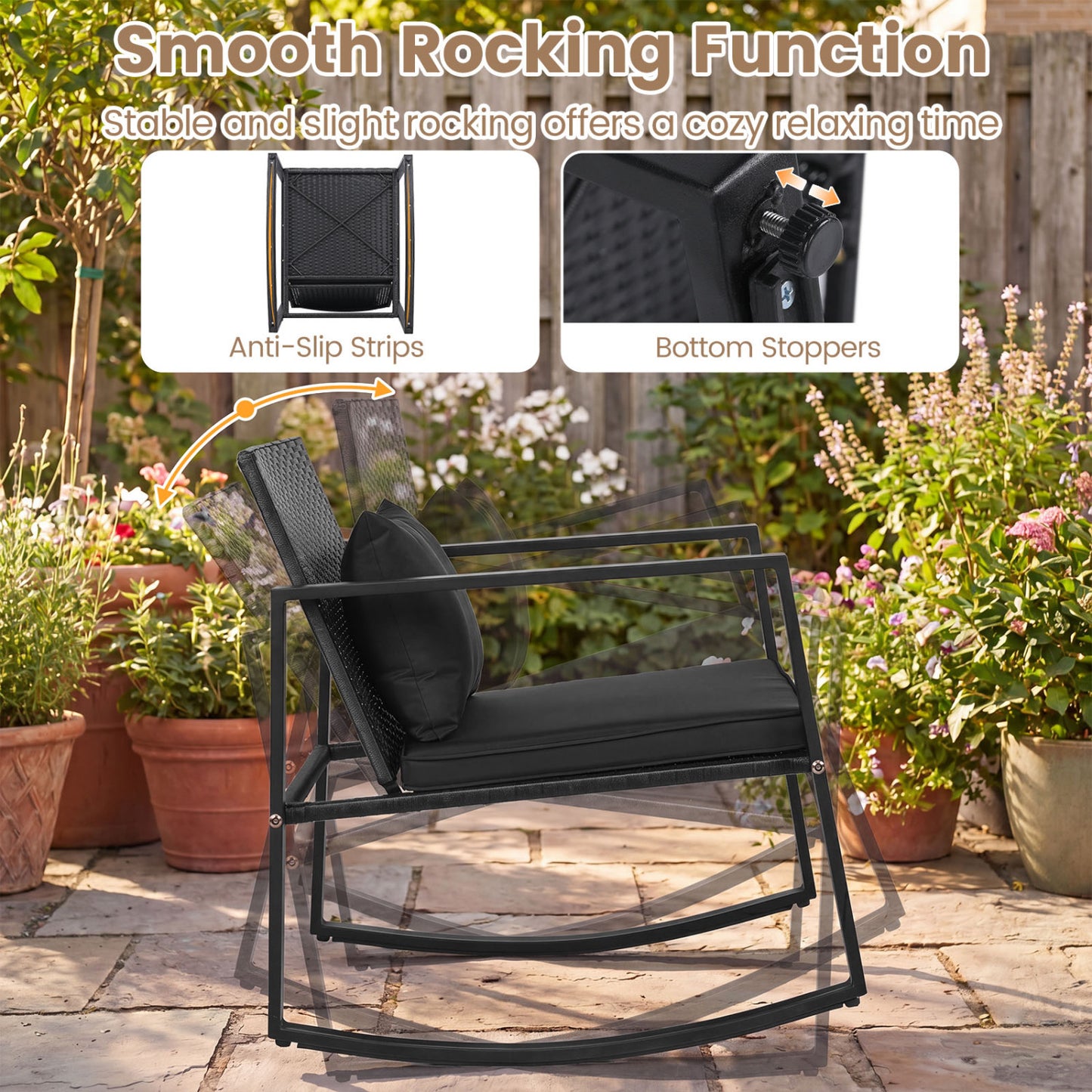 3-Piece Outdoor Rocking Bistro Set with Soft Cushions & Tempered Glass Table-Dark, Black Patio Furniture Sets at Gallery Canada