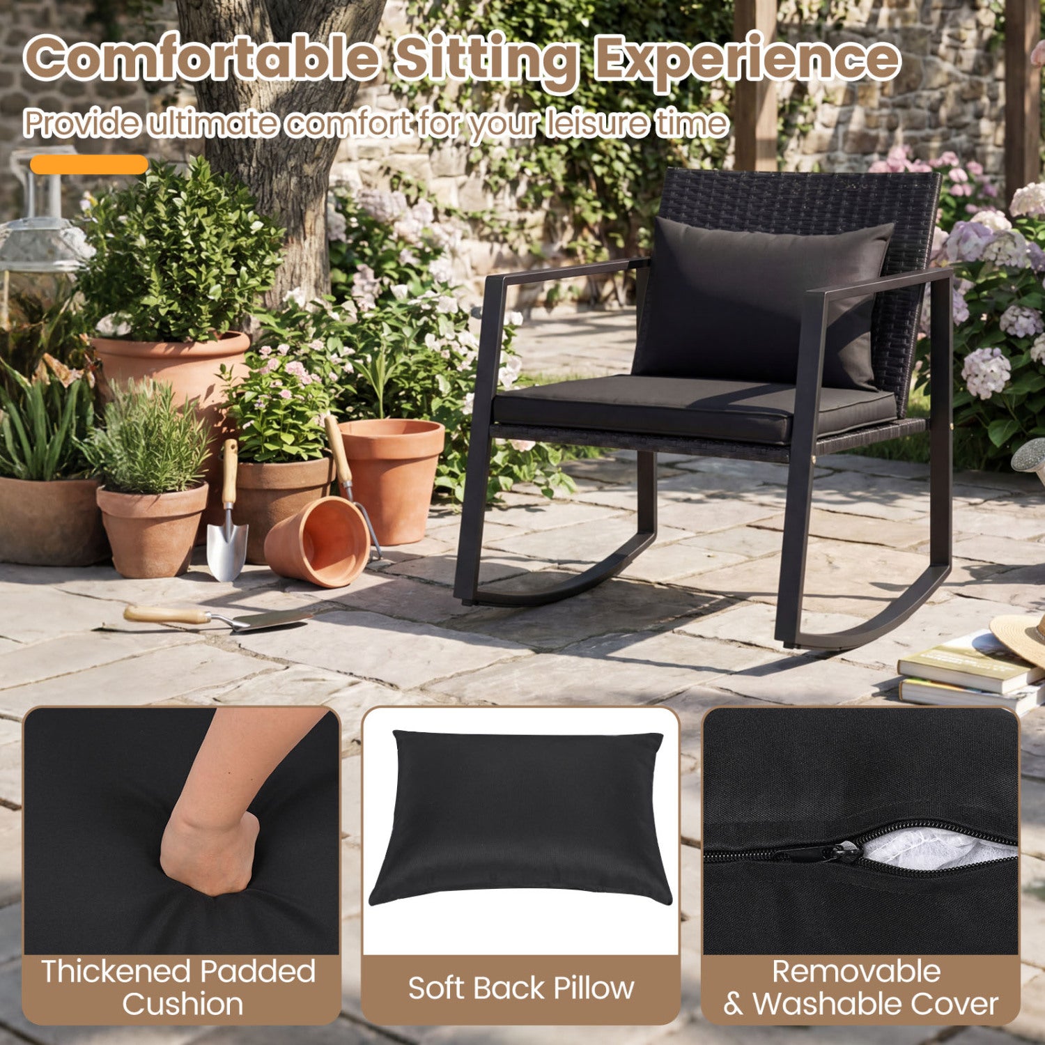 3-Piece Outdoor Rocking Bistro Set with Soft Cushions & Tempered Glass Table-Dark, Black Patio Furniture Sets at Gallery Canada