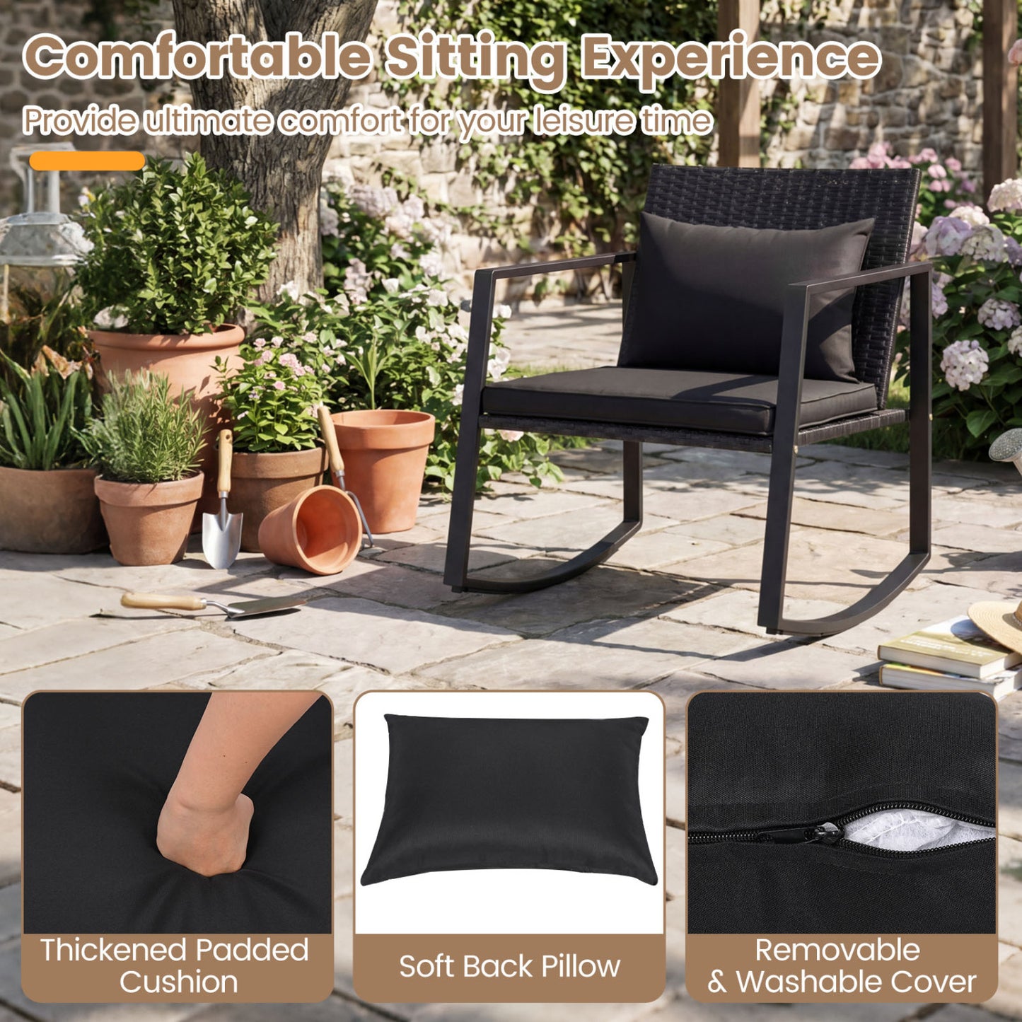 3-Piece Outdoor Rocking Bistro Set with Soft Cushions & Tempered Glass Table-Dark, Black Patio Furniture Sets at Gallery Canada