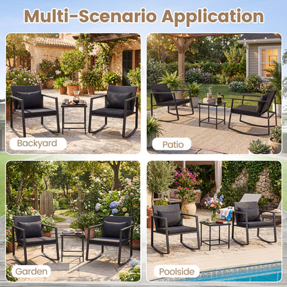 3-Piece Outdoor Rocking Bistro Set with Soft Cushions & Tempered Glass Table-Dark, Black Patio Furniture Sets at Gallery Canada