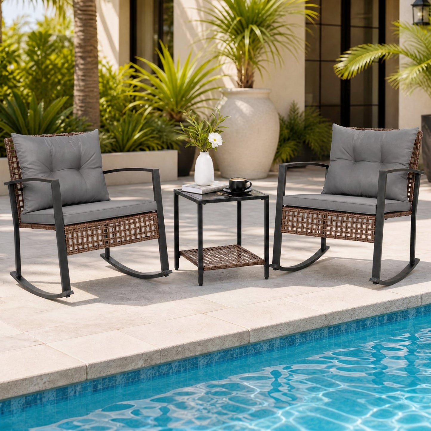 3-Piece Outdoor Rocking Chair Set, Gray