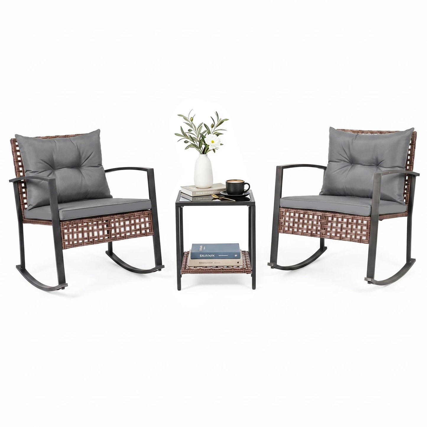 3-Piece Outdoor Rocking Chair Set, Gray