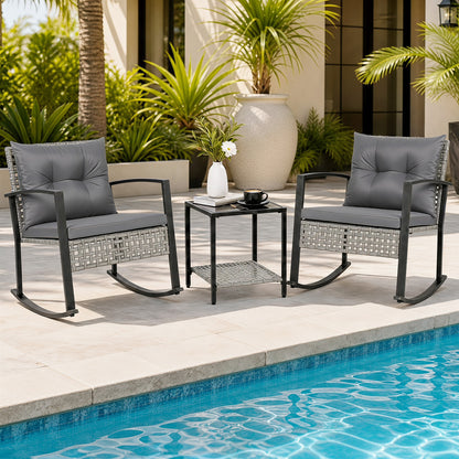 Ensemble de fauteuils à bascule d'extérieur, 3 pièces, gris