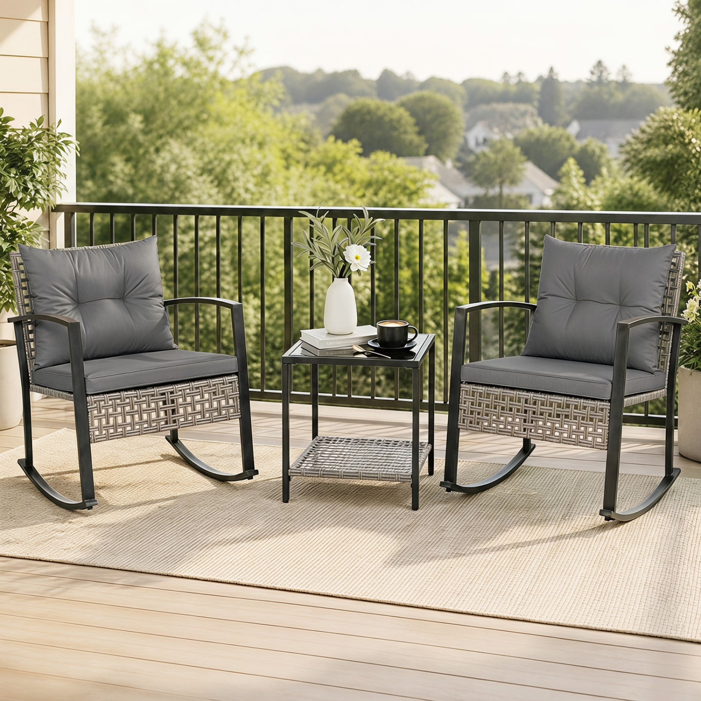 Ensemble de fauteuils à bascule d'extérieur, 3 pièces, gris