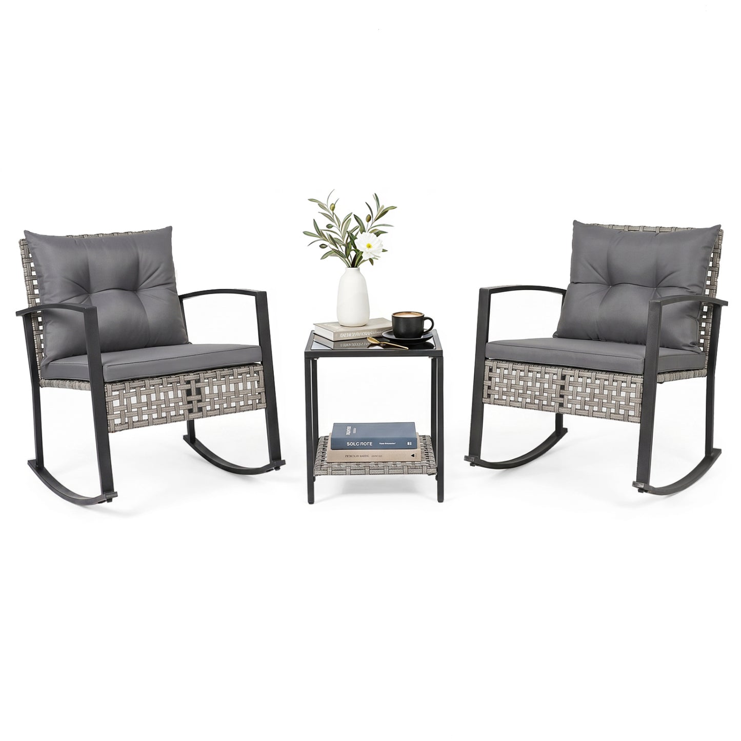 Ensemble de fauteuils à bascule d'extérieur, 3 pièces, gris