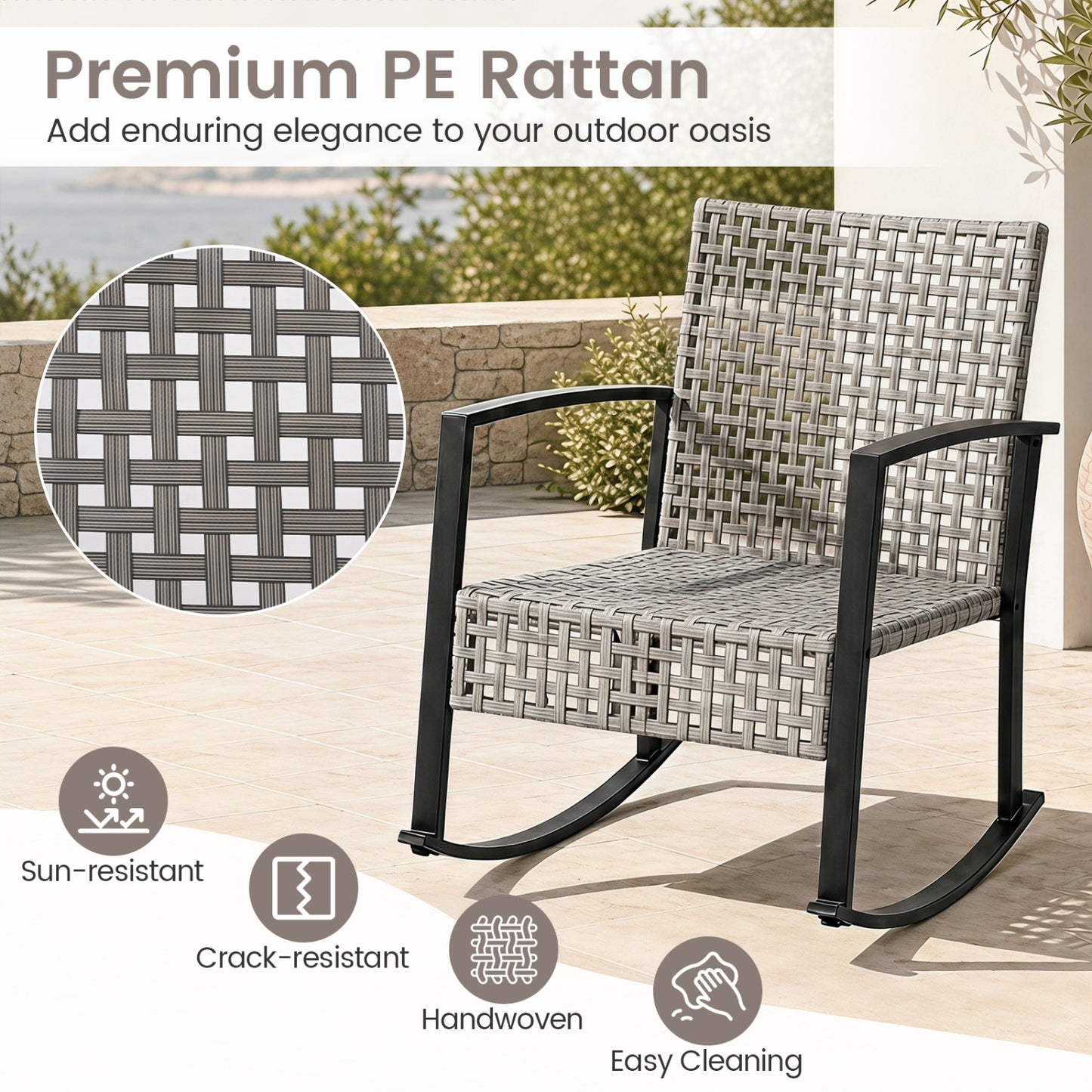Ensemble de fauteuils à bascule d'extérieur, 3 pièces, gris