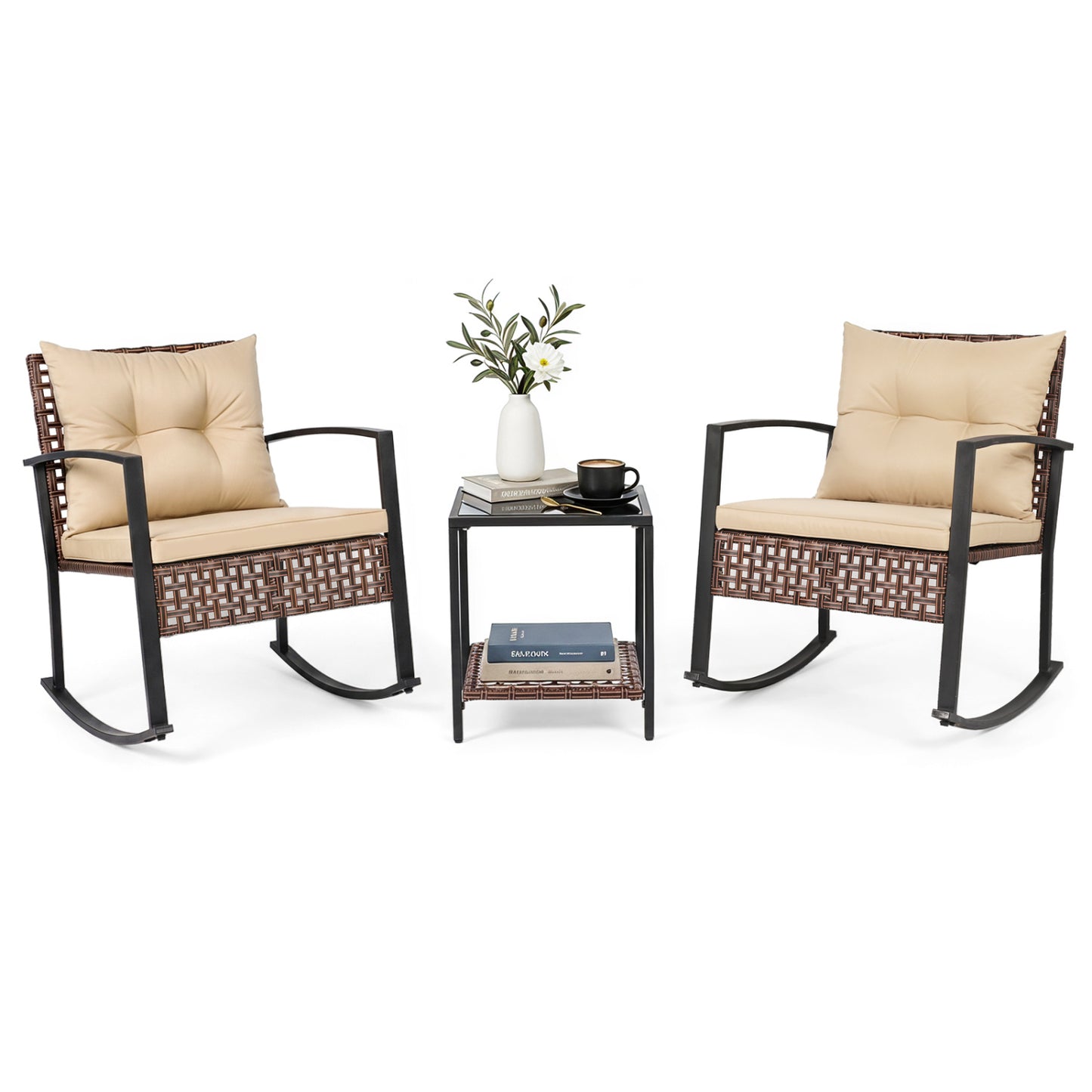 3-Piece Outdoor Rocking Chair Set, Brown