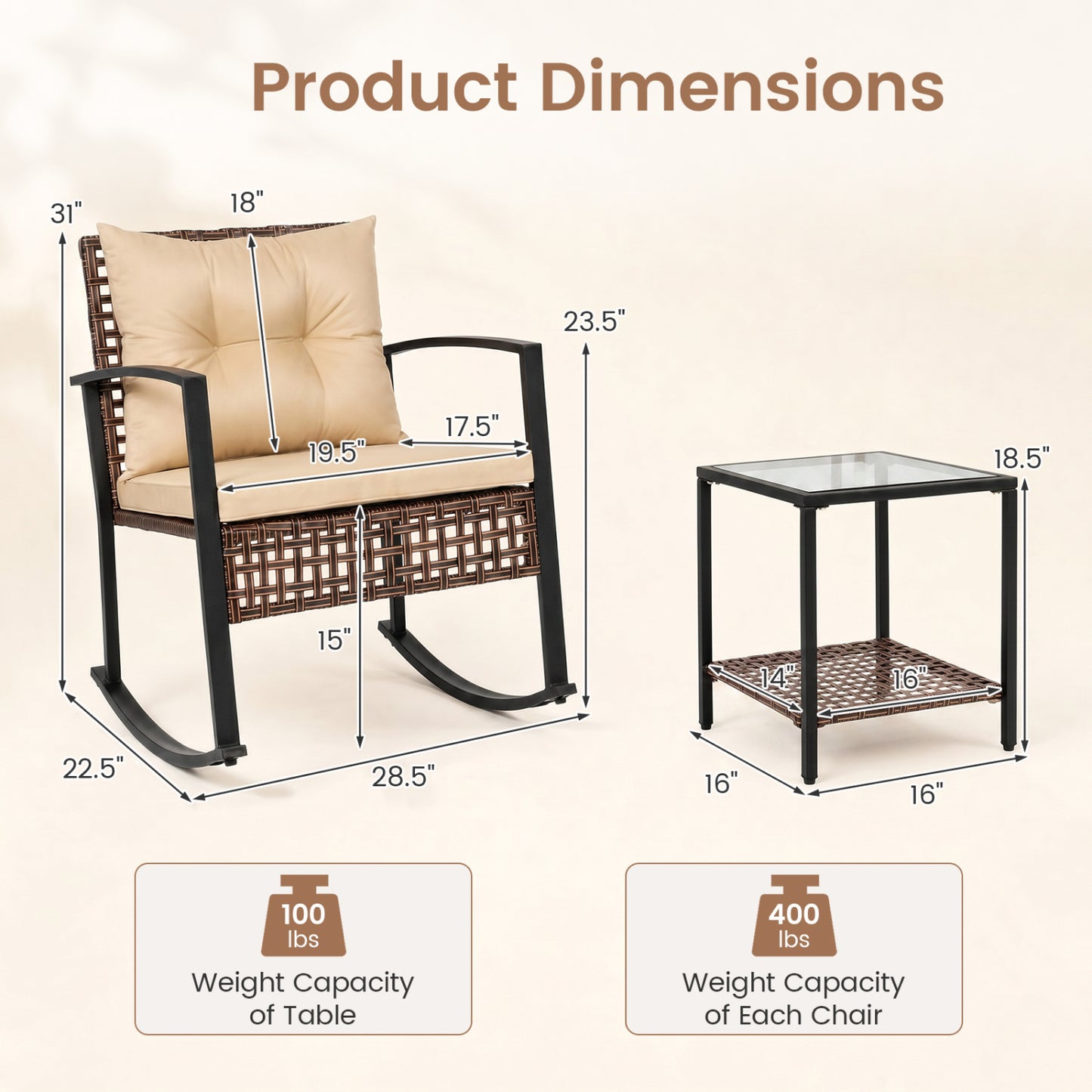 3-Piece Outdoor Rocking Chair Set, Brown