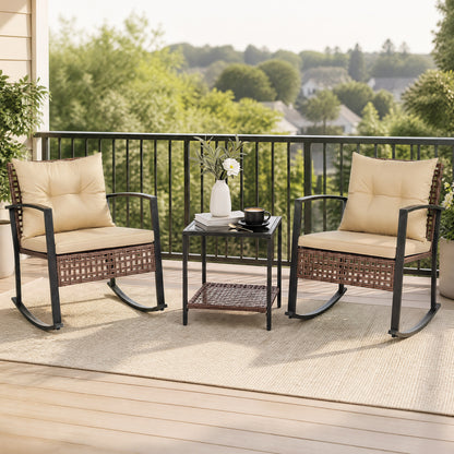 3-Piece Outdoor Rocking Chair Set, Brown