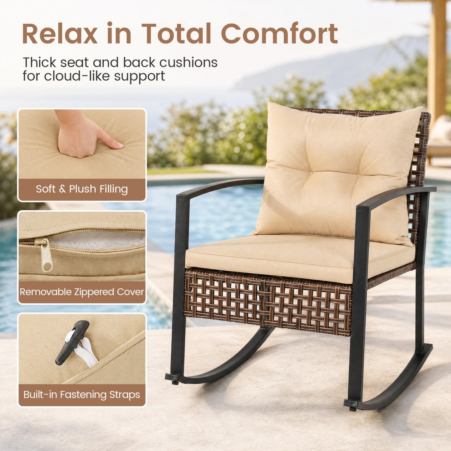 3-Piece Outdoor Rocking Chair Set, Brown