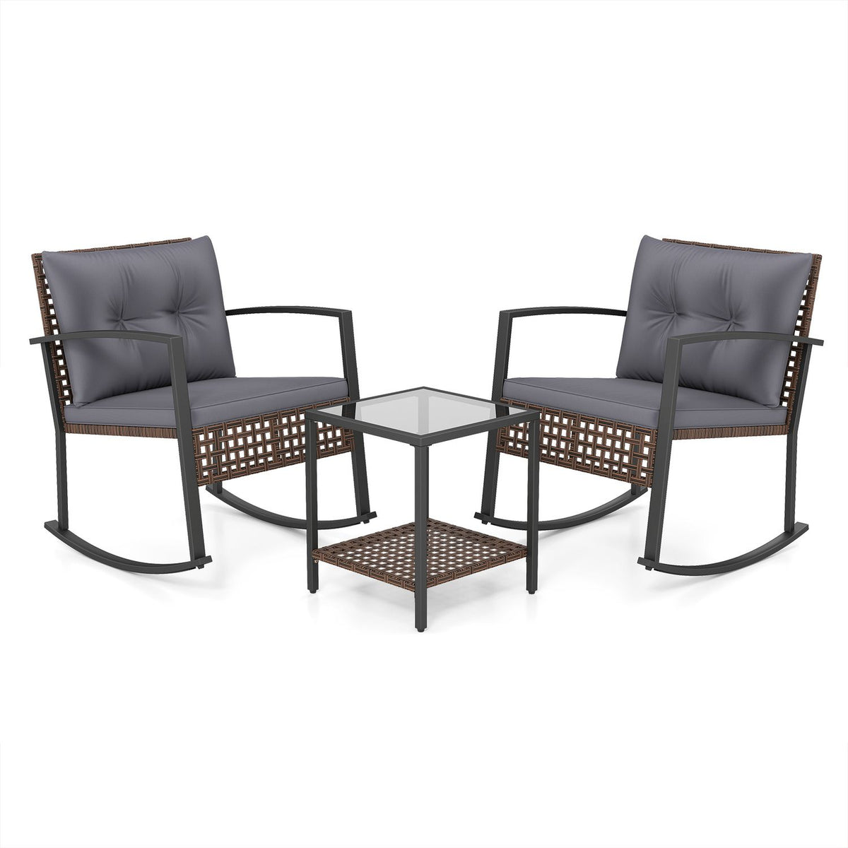 Ensemble de 3 pièces de chaises à bascule d'extérieur, gris