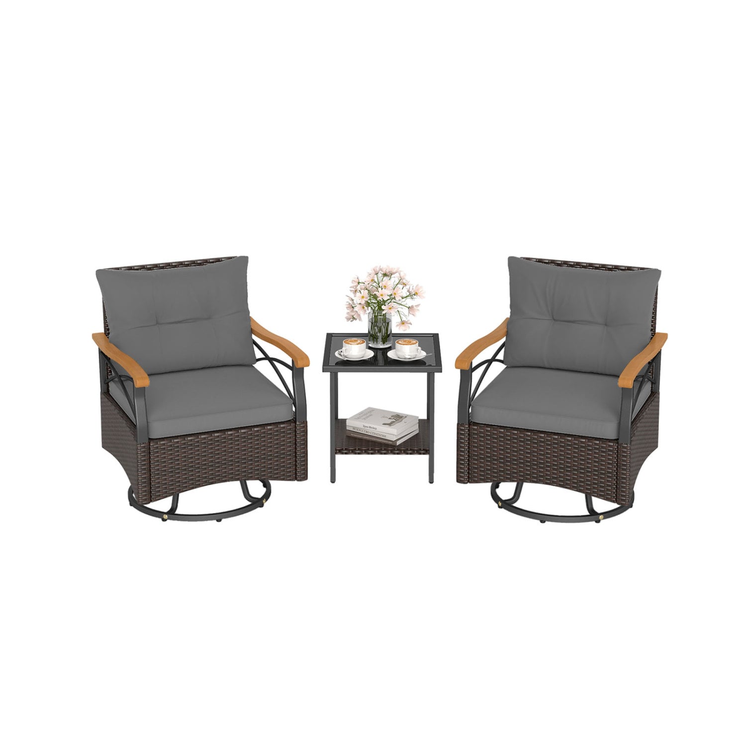 Outdoor Swivel Chair Set, 3 Piece, With Tempered Glass Side Table, Gray Patio Conversation Sets at Gallery Canada