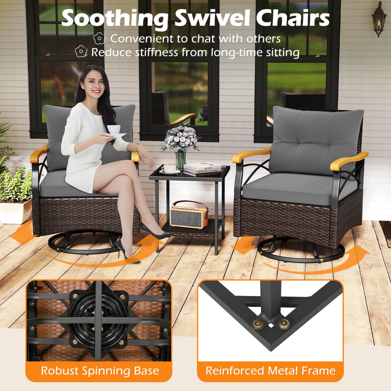Outdoor Swivel Chair Set, 3 Piece, With Tempered Glass Side Table, Gray Patio Conversation Sets at Gallery Canada
