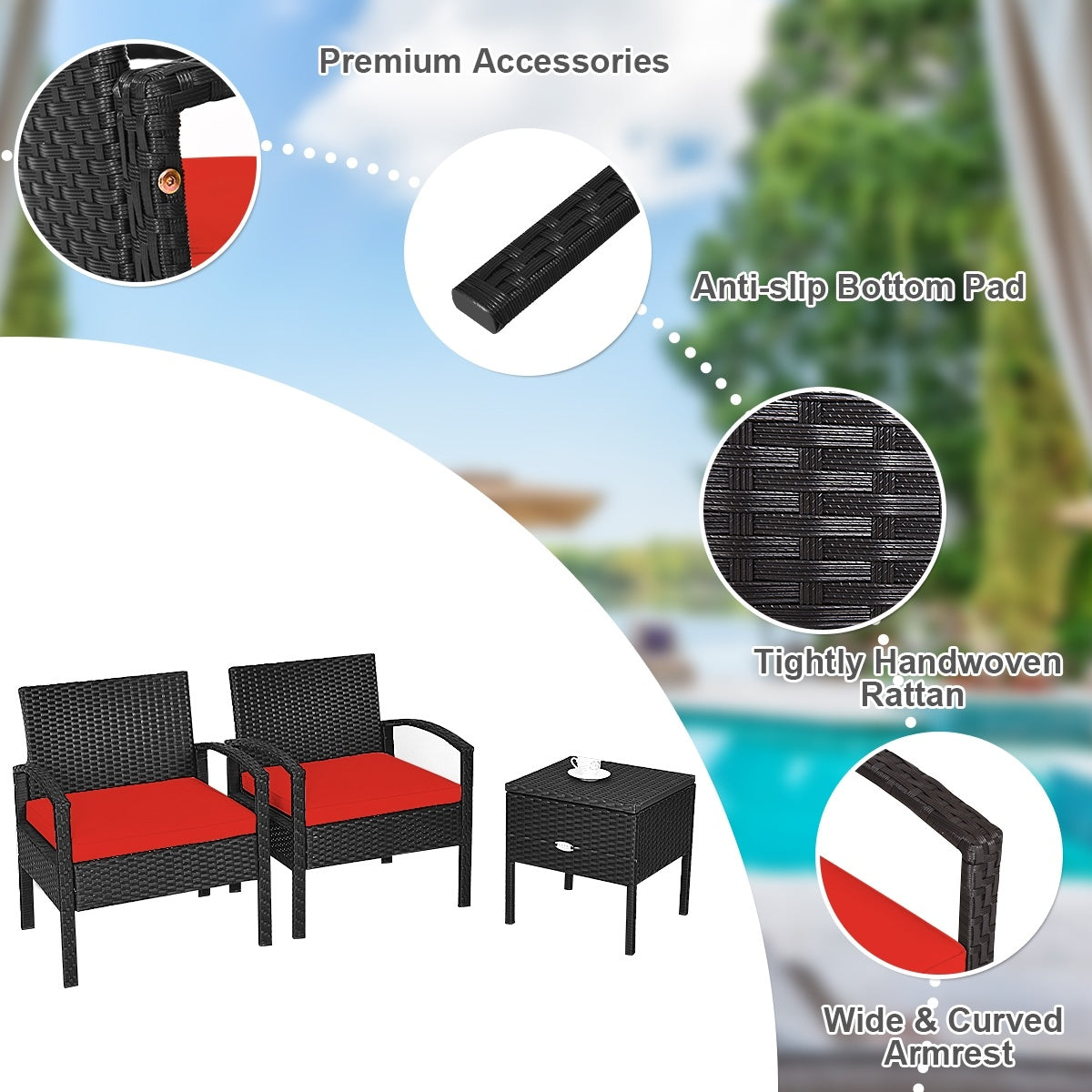 3 Piece PE Rattan Wicker Sofa Set, Patio, Red Patio Conversation Sets at Gallery Canada