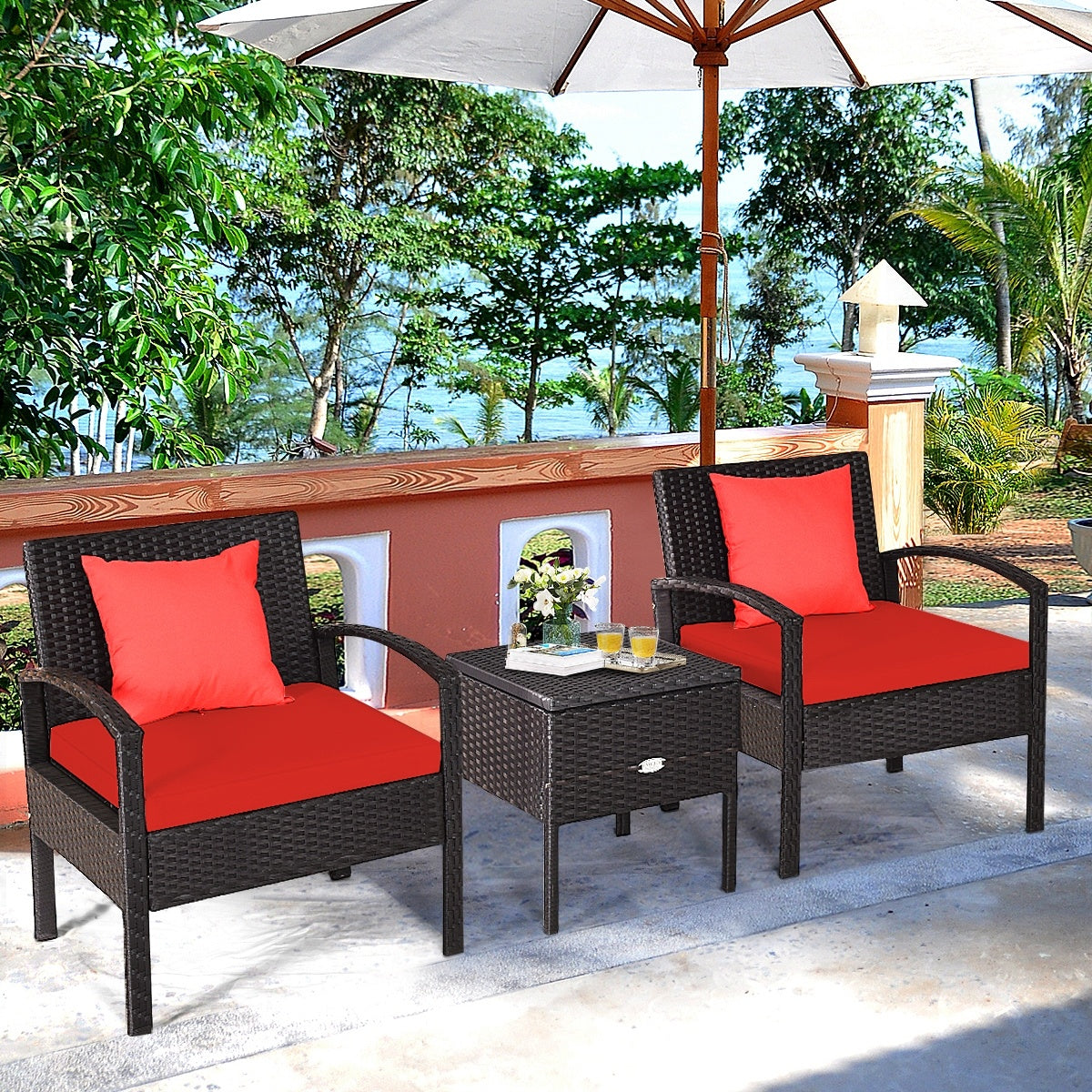 3 Piece PE Rattan Wicker Sofa Set, Patio, Red Patio Conversation Sets at Gallery Canada