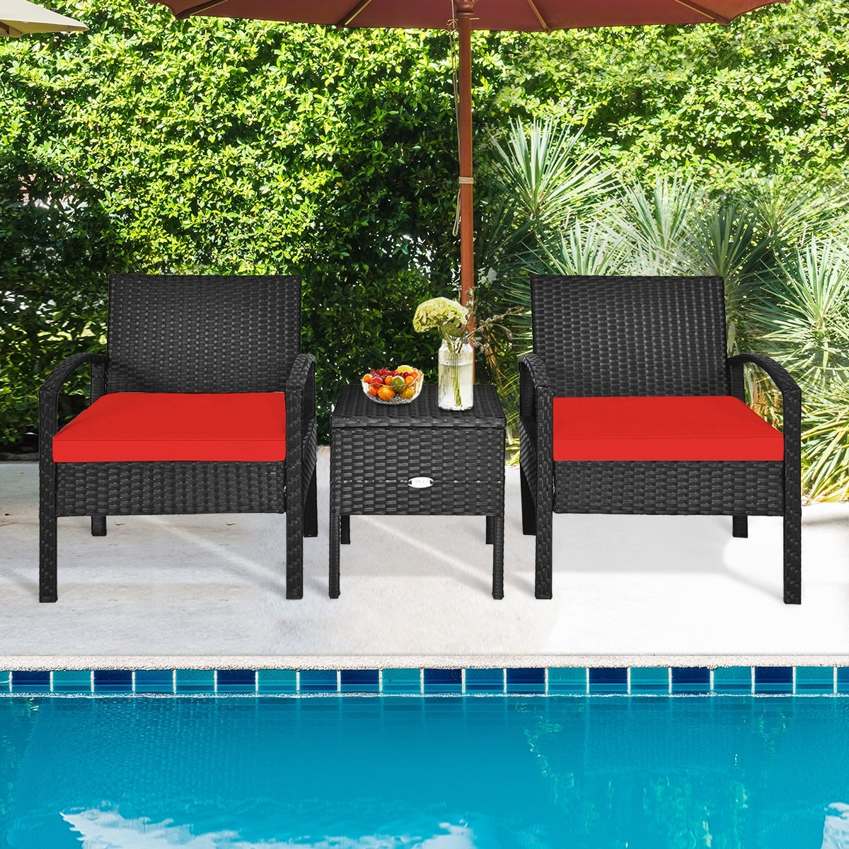 3 Piece PE Rattan Wicker Sofa Set, Patio, Red Patio Conversation Sets at Gallery Canada