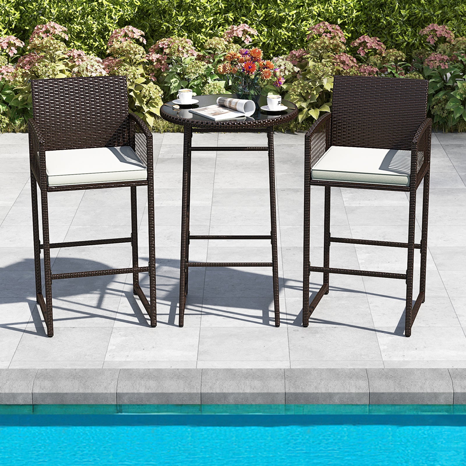 3 Piece Patio Bar Set Outdoor Wicker Bar Height Table and Armchairs, White Patio Bar Furniture at Gallery Canada