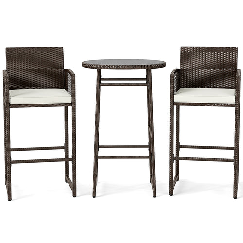 3 Piece Patio Bar Set Outdoor Wicker Bar Height Table and Armchairs, White