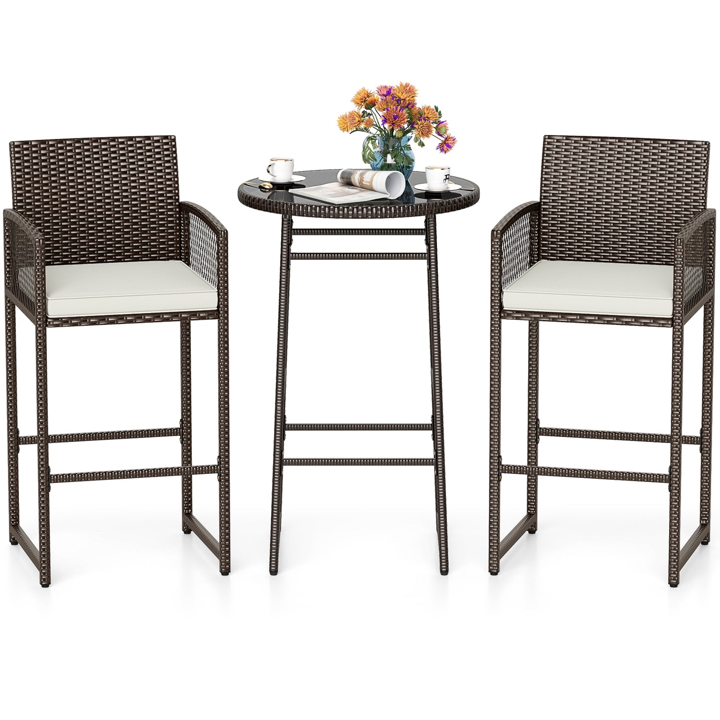3 Piece Patio Bar Set Outdoor Wicker Bar Height Table and Armchairs, White Patio Bar Furniture at Gallery Canada