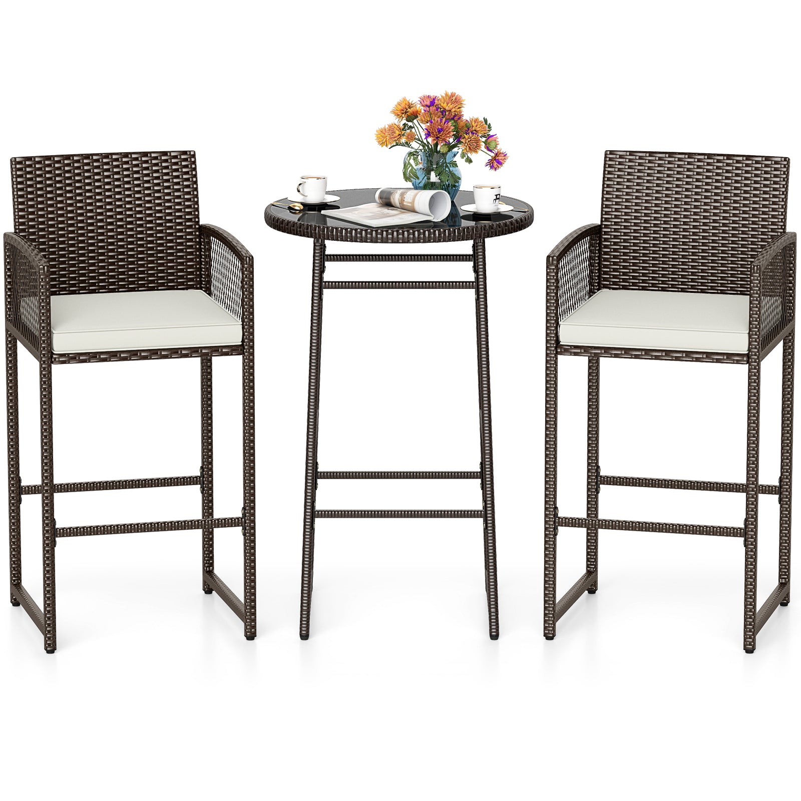 3 Piece Patio Bar Set Outdoor Wicker Bar Height Table and Armchairs, White Patio Bar Furniture at Gallery Canada