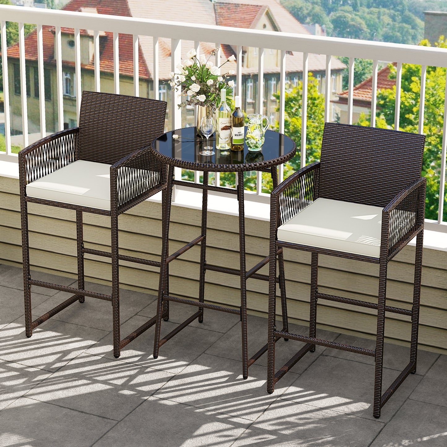 3 Piece Patio Bar Set Outdoor Wicker Bar Height Table and Armchairs, White Patio Bar Furniture at Gallery Canada