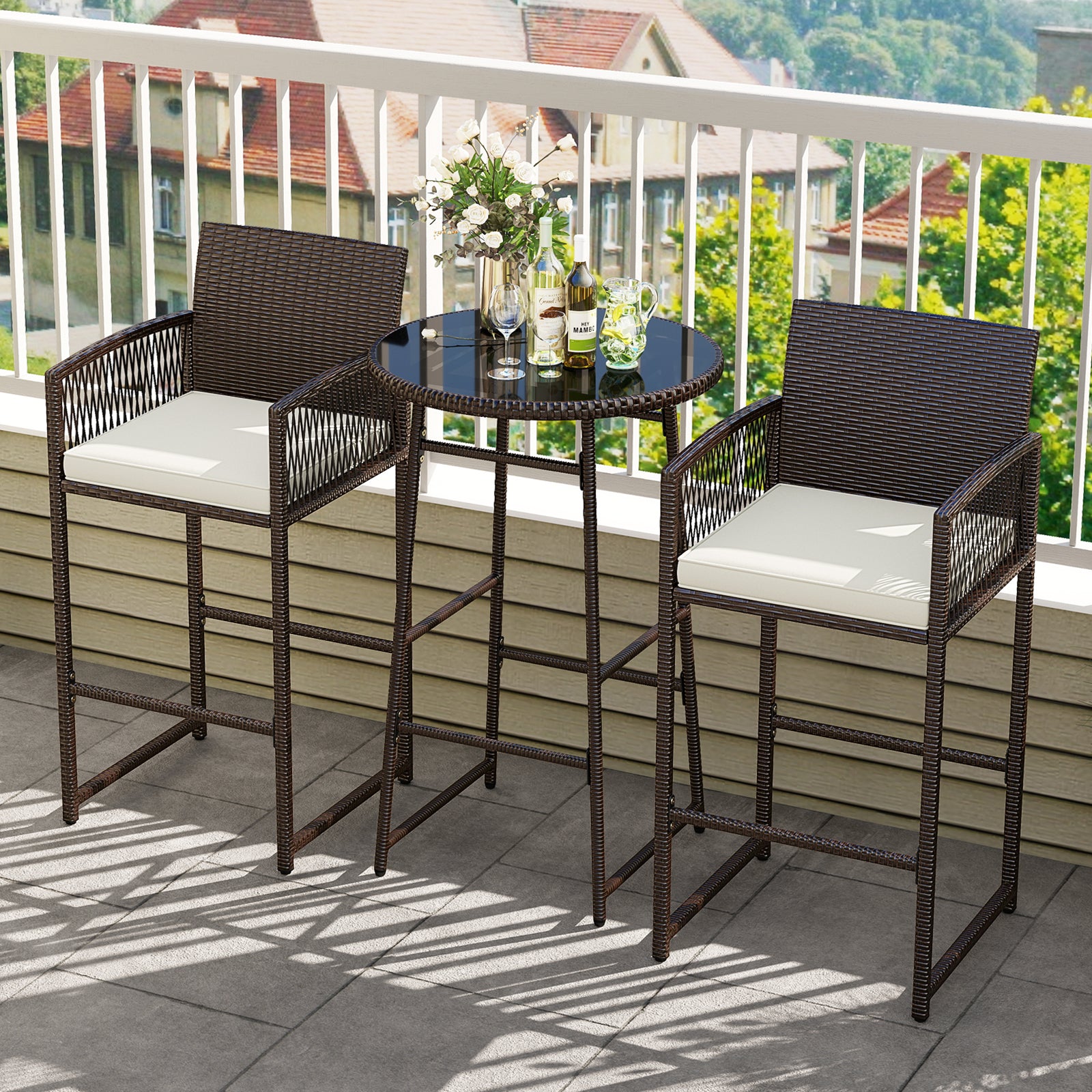 3 Piece Patio Bar Set Outdoor Wicker Bar Height Table and Armchairs, White Patio Bar Furniture at Gallery Canada