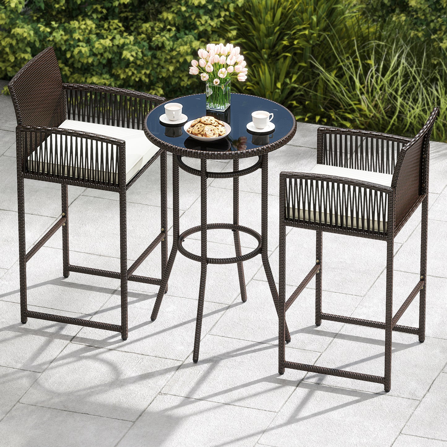 3 Piece Patio Bar Set Outdoor Wicker Bar Height Round Table and Armchairs, White Patio Bar Furniture at Gallery Canada