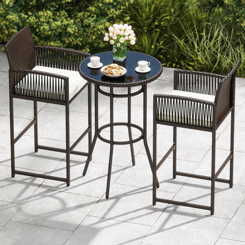 3 Piece Patio Bar Set Outdoor Wicker Bar Height Round Table and Armchairs, White