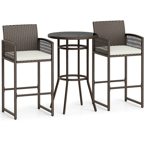 3 Piece Patio Bar Set Outdoor Wicker Bar Height Round Table and Armchairs, White