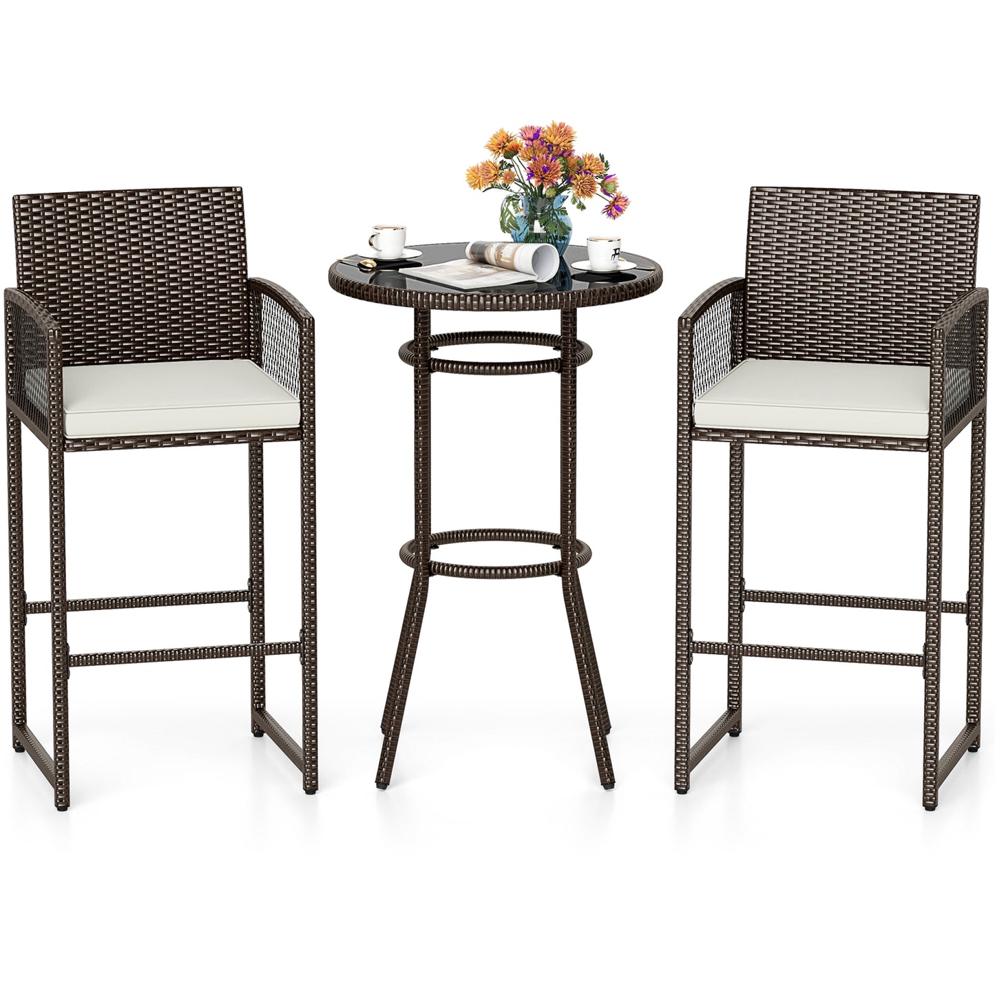 3 Piece Patio Bar Set Outdoor Wicker Bar Height Round Table and Armchairs, White Patio Bar Furniture at Gallery Canada