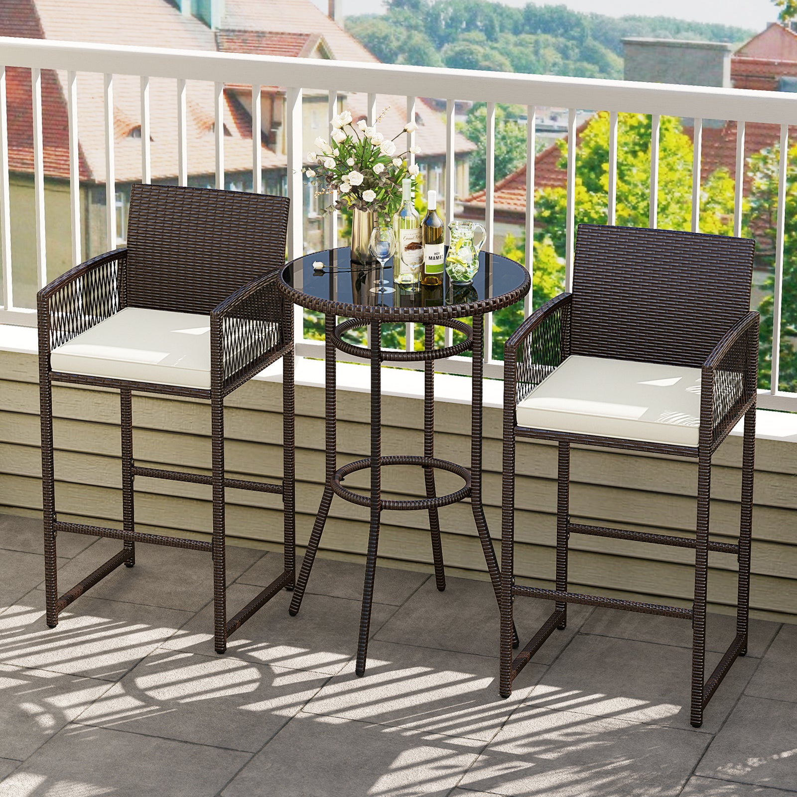 3 Piece Patio Bar Set Outdoor Wicker Bar Height Round Table and Armchairs, White Patio Bar Furniture at Gallery Canada