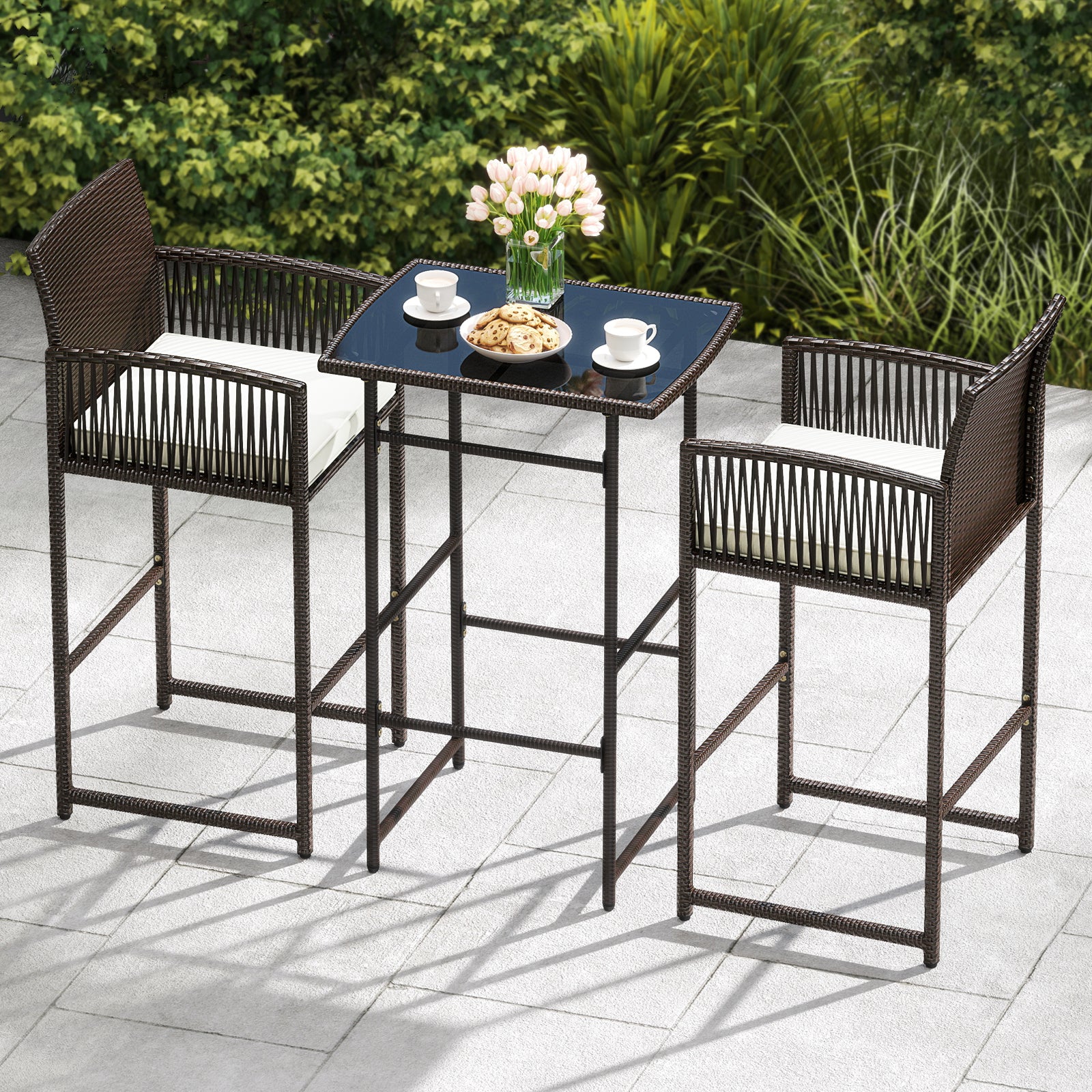 3 Piece Patio Bar Set Outdoor Wicker Bar Height Table and Armchairs with 2 Seat Cushions, White Patio Conversation Sets at Gallery Canada