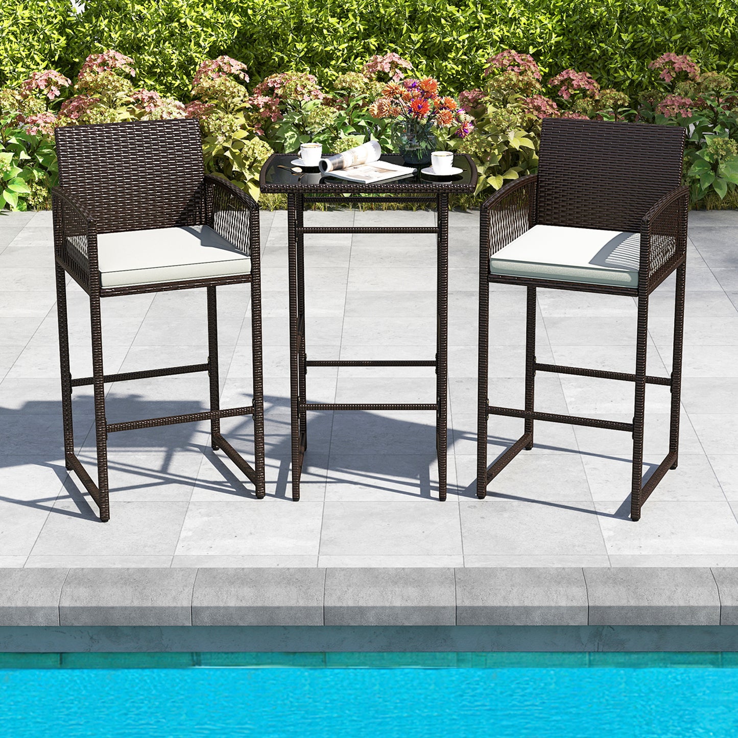 3 Piece Patio Bar Set Outdoor Wicker Bar Height Table and Armchairs with 2 Seat Cushions, White Patio Conversation Sets at Gallery Canada
