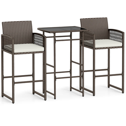 3 Piece Patio Bar Set Outdoor Wicker Bar Height Table and Armchairs with 2 Seat Cushions, White