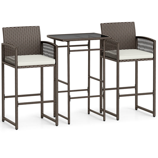 3 Piece Patio Bar Set Outdoor Wicker Bar Height Table and Armchairs with 2 Seat Cushions, White Patio Conversation Sets White at Gallery Canada