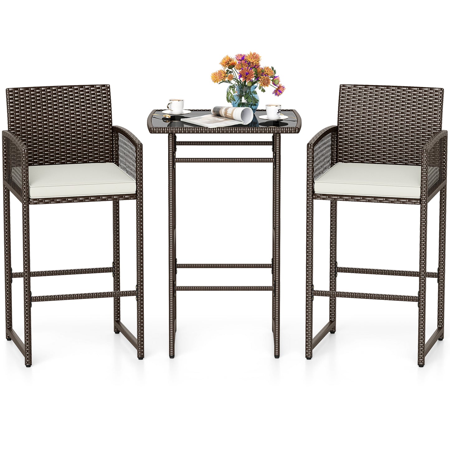 3 Piece Patio Bar Set Outdoor Wicker Bar Height Table and Armchairs with 2 Seat Cushions, White Patio Conversation Sets at Gallery Canada