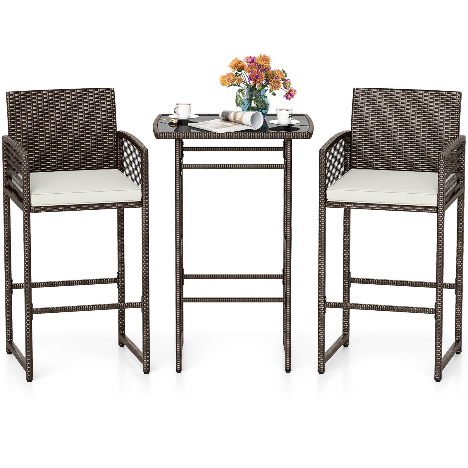 3 Piece Patio Bar Set Outdoor Wicker Bar Height Table and Armchairs with 2 Seat Cushions, White Patio Conversation Sets at Gallery Canada