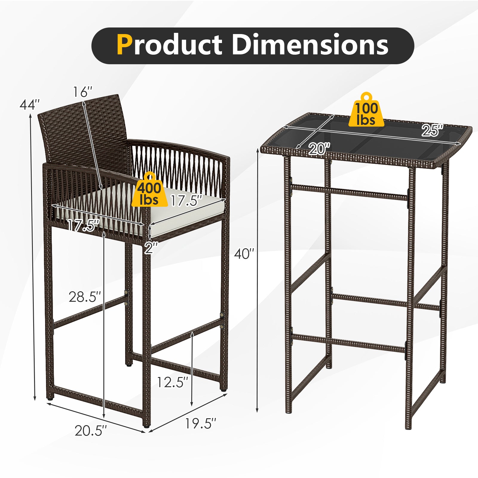 3 Piece Patio Bar Set Outdoor Wicker Bar Height Table and Armchairs with 2 Seat Cushions, White Patio Conversation Sets at Gallery Canada