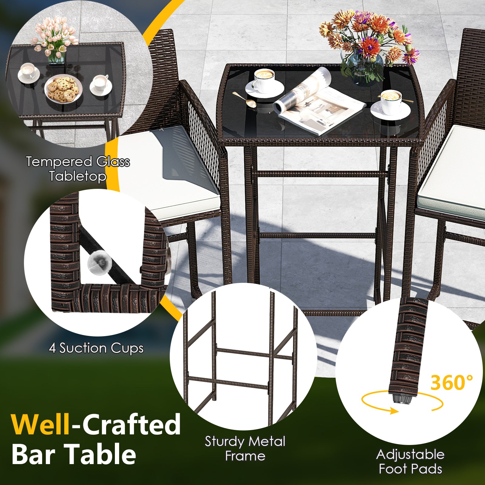 3 Piece Patio Bar Set Outdoor Wicker Bar Height Table and Armchairs with 2 Seat Cushions, White Patio Conversation Sets at Gallery Canada
