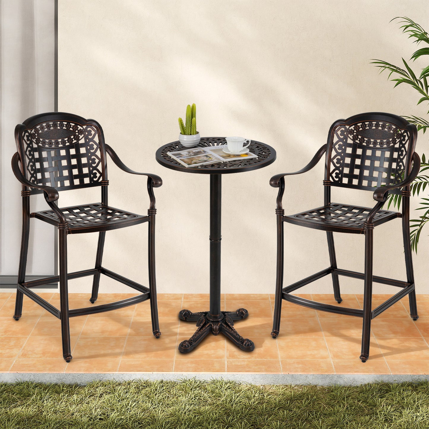 3 Piece Patio Bar Set Outdoor Cast Aluminum Round High Top Table 2 Counter Height Bar Stools