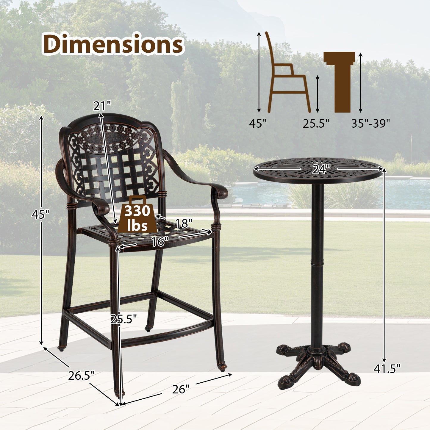 3 Piece Patio Bar Set Outdoor Cast Aluminum Round High Top Table 2 Counter Height Bar Stools